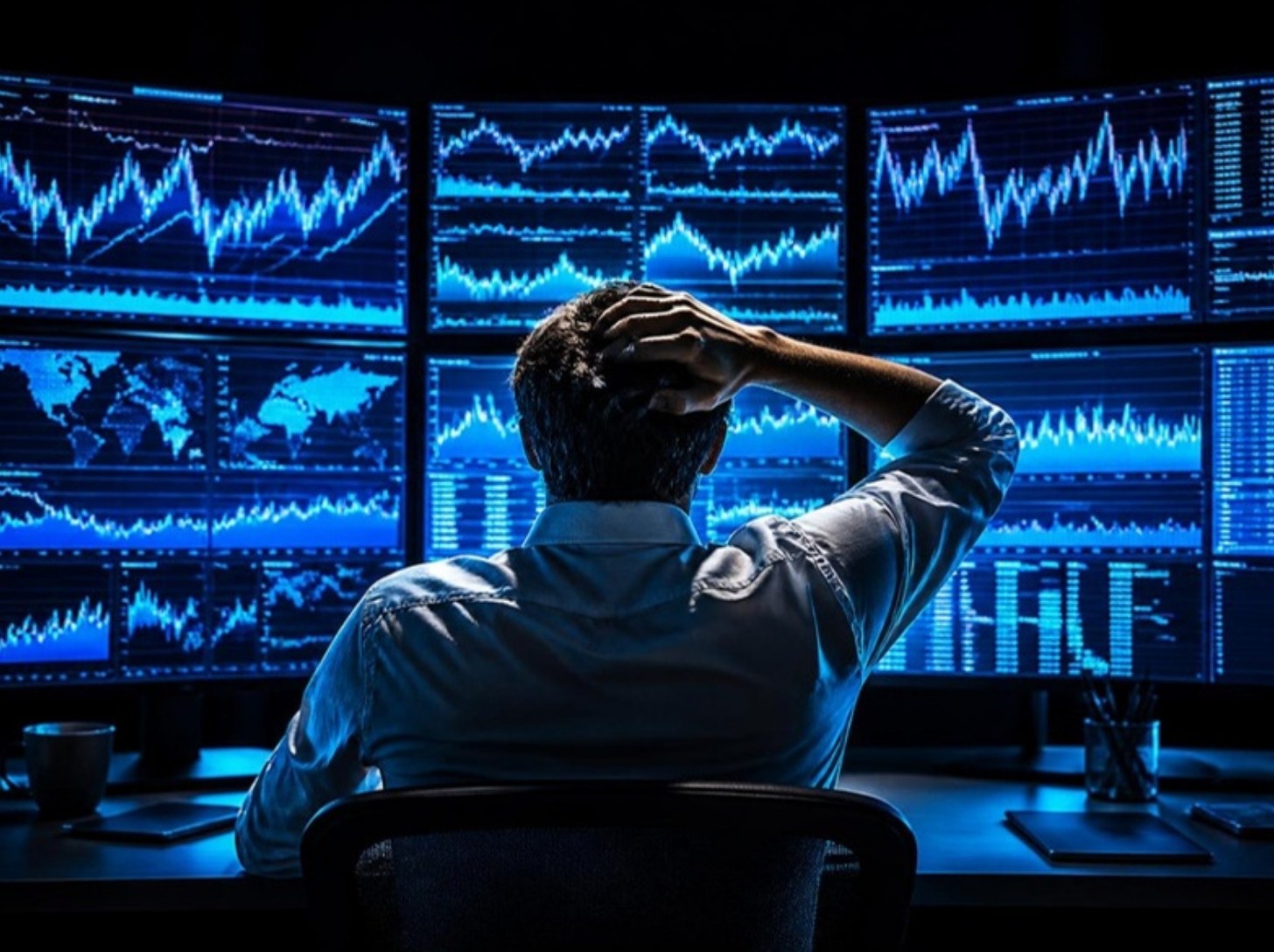 A trader lit by a wall of bright chart screens, one hand on the back of their head