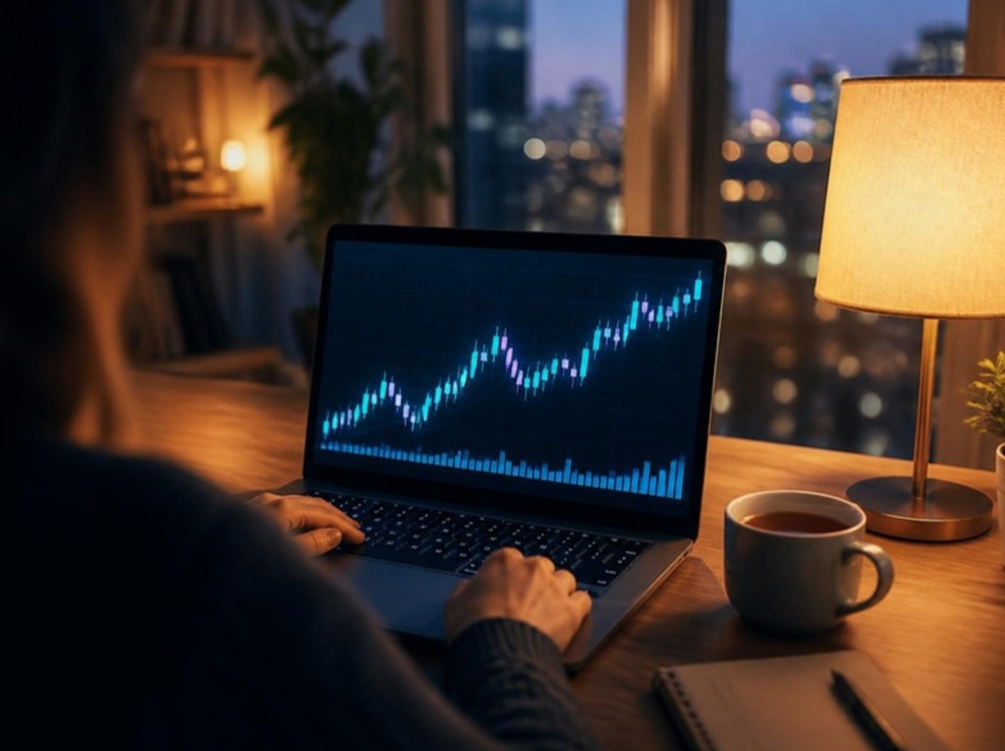 A relaxed person at a laptop with a glowing chart, warm lamp light and city lights in the evening
