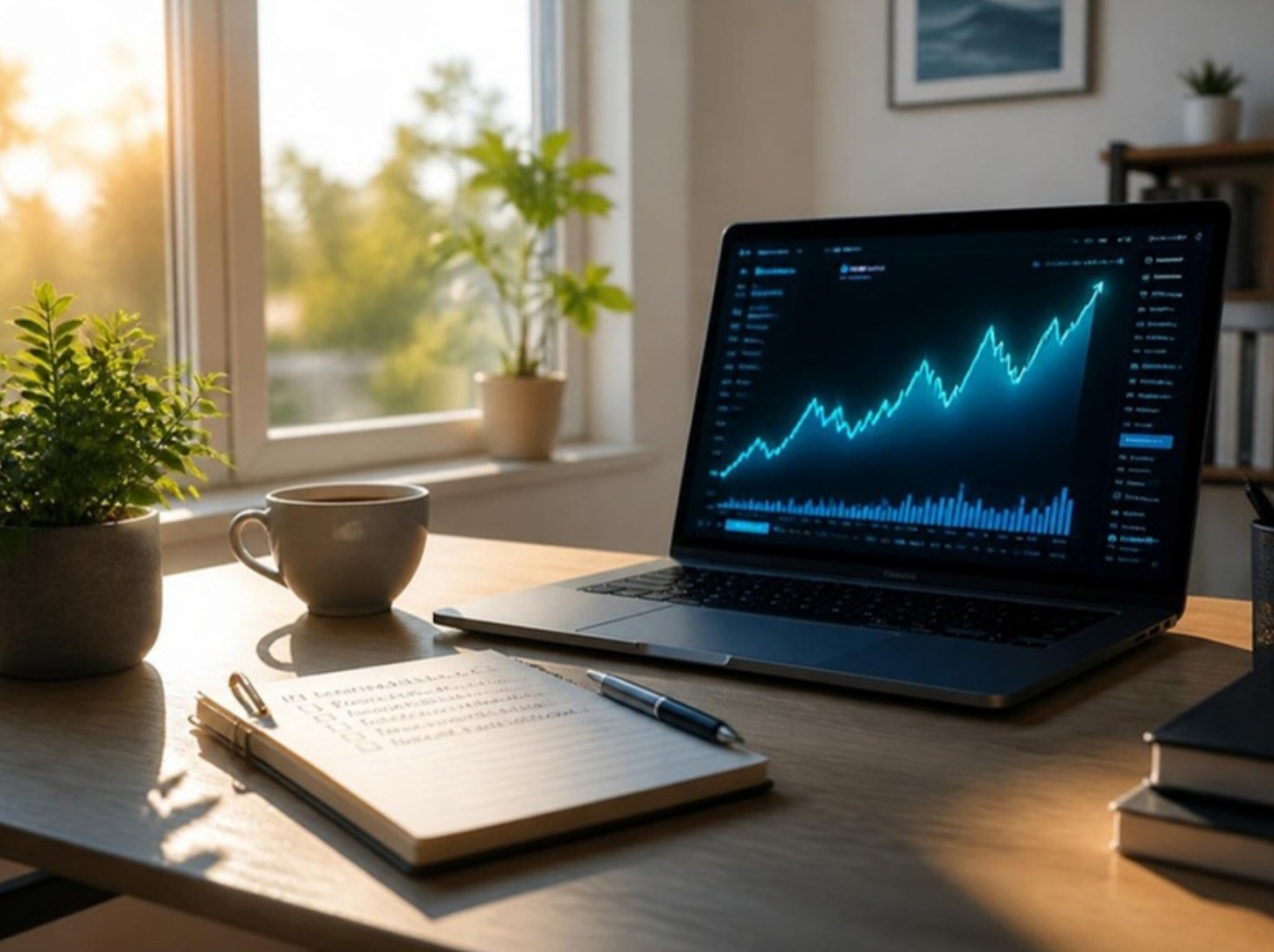 A bright morning home desk with sunlight, a laptop showing a rising chart, and coffee