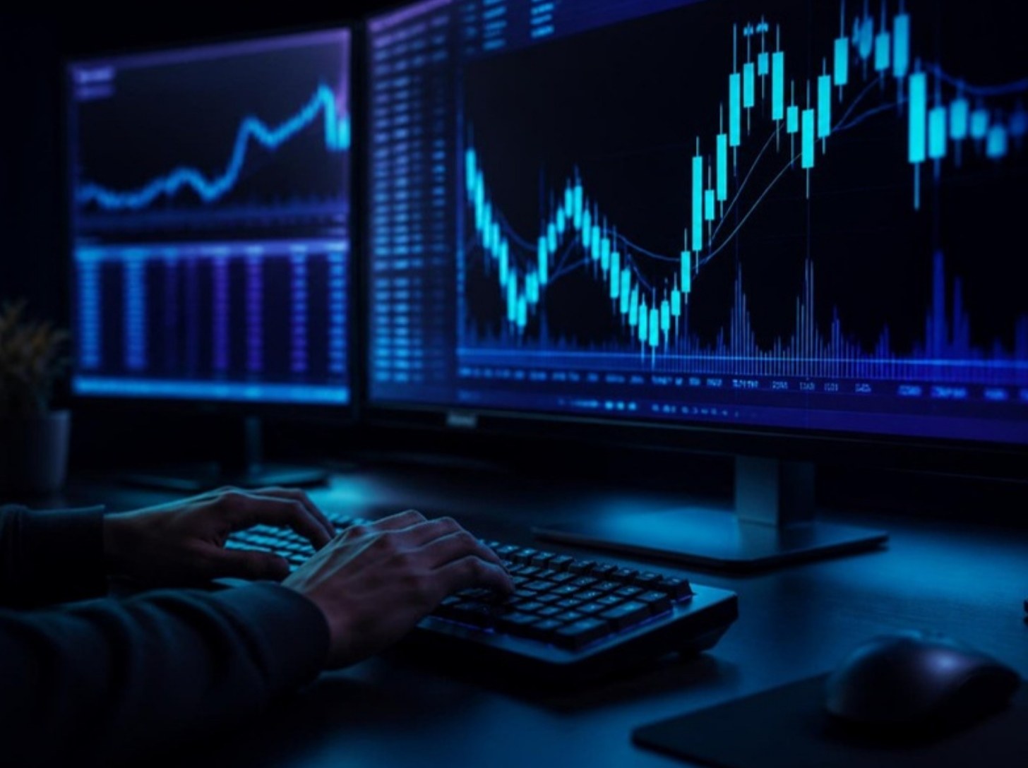 Hands on a keyboard in front of two monitors with glowing candlestick charts